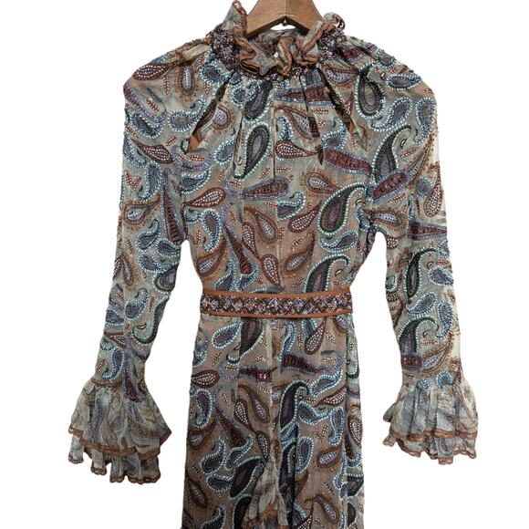 La Fuori Embroidered Sequin Paisley Silk Midi Dress Small – Ruffle Hem Rare Boho - Picture 5 of 11
